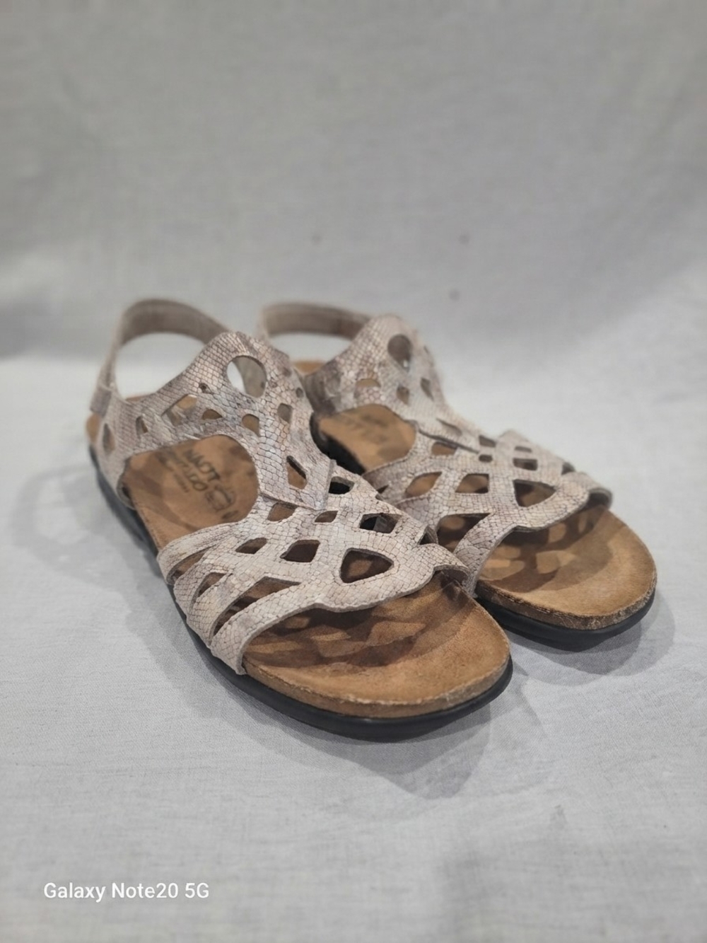 Naot Taupe Metallic Snake Print Laser Cut Slingback Sandals Size 41 / L10